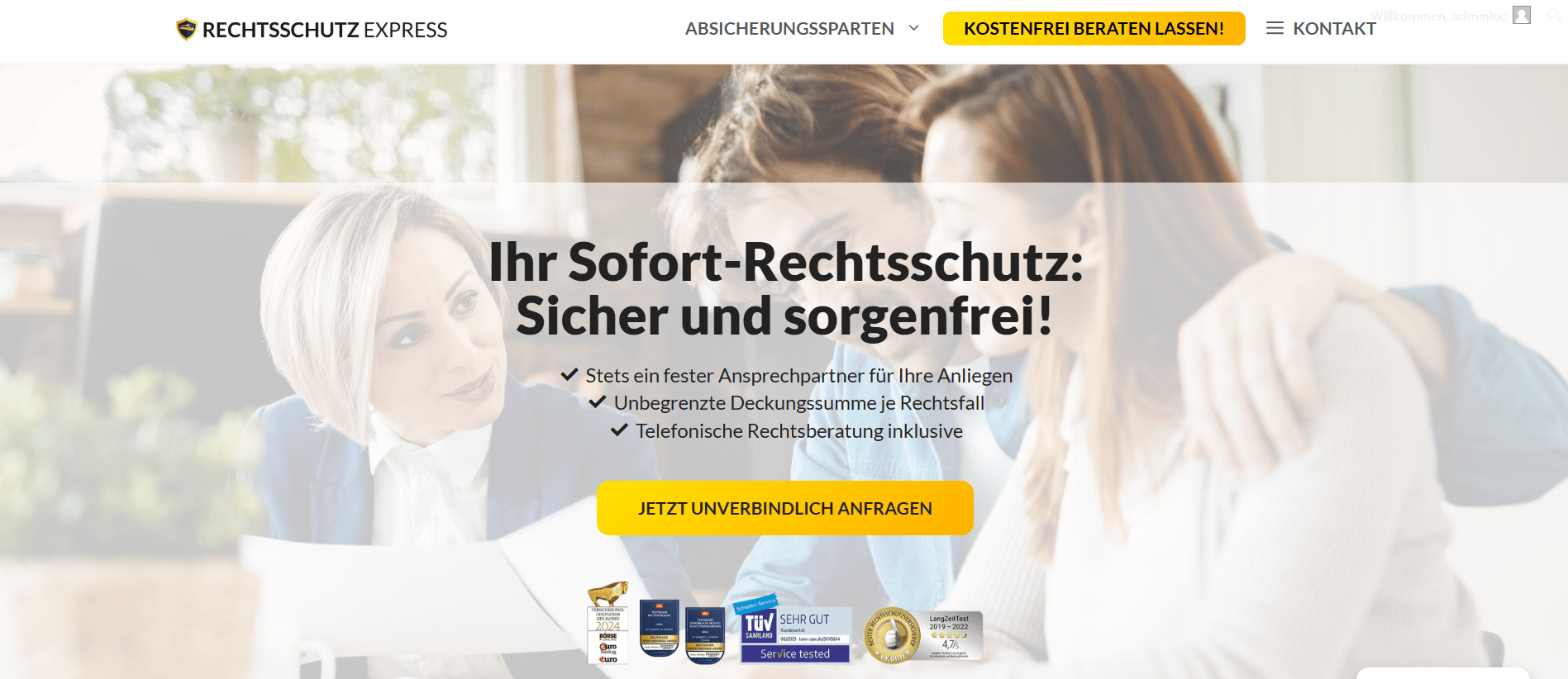 Screenshot einer Microsite für Sofort-Rechtsschutz von Rechtsschutz Express. Der Header enthält das Firmenlogo und eine Navigationsleiste. Die Hauptüberschrift lautet 'Ihr Sofort-Rechtsschutz: Sicher und sorgenfrei!'. Darunter werden Vorteile wie feste Ansprechpartner, unbegrenzte Deckungssumme und telefonische Rechtsberatung genannt. Ein gelber Call-to-Action-Button mit der Aufschrift 'Jetzt unverbindlich anfragen' ist sichtbar.