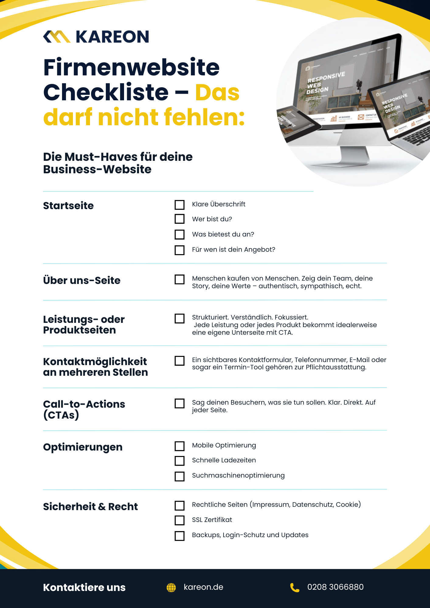 Firmenwebsite-Checkliste - Checkliste mit den wichtigsten Elementen für eine professionelle Firmenwebsite, z. B. Startseite, Über-uns-Seite, Produktseiten, Kontaktmöglichkeiten, CTAs, Optimierung, Sicherheit. 