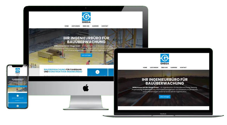 Darstellung der Website von Ghega GmbH auf Smartphone, iMac und Laptop mit Bauüberwachung als Hauptthema