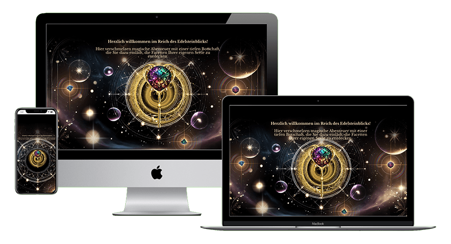 Edelsteinblick Website mit goldener Kristallschlüssel-Illustration auf Smartphone, MacBook und iMac