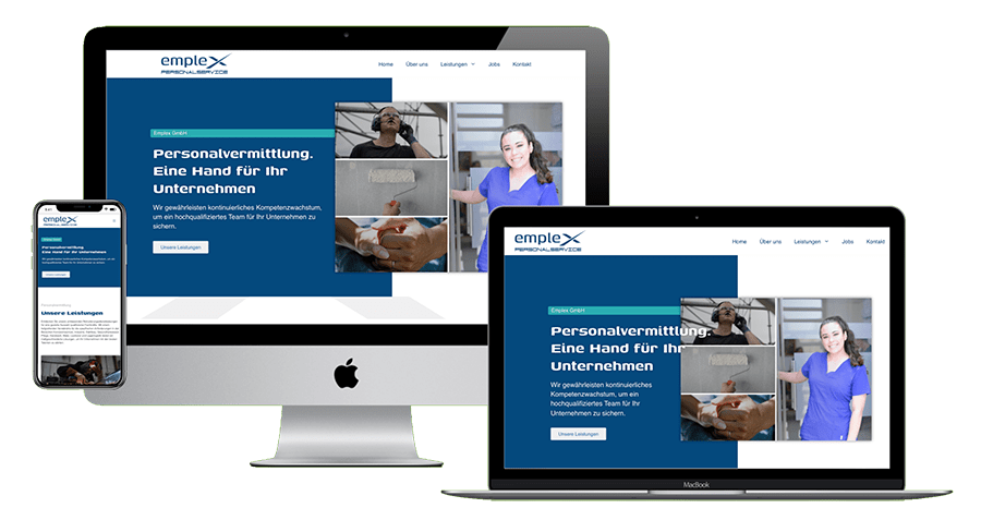 Responsive Website von Emplex Personalservice auf verschiedenen Geräten mit Bildern aus Handwerk, Pflege und Industrie