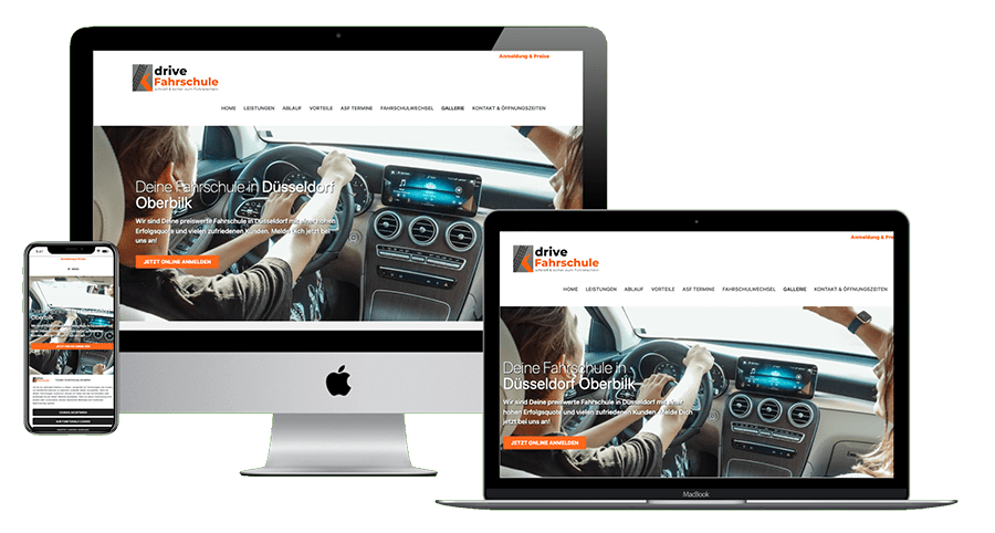Drive Fahrschule Website auf iPhone, MacBook und iMac mit Fahrschulszene im Auto