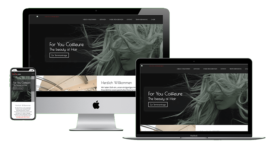 Friseursalon-Website „For You Coiffeure“ mit stilvollem Schwarz-Weiß-Design auf verschiedenen Geräten