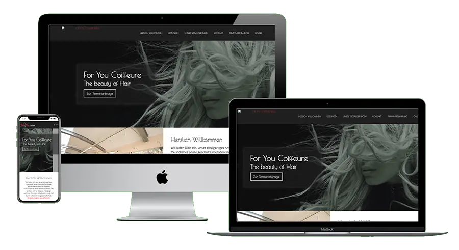 Friseursalon-Website „For You Coiffeure“ mit stilvollem Schwarz-Weiß-Design auf verschiedenen Geräten