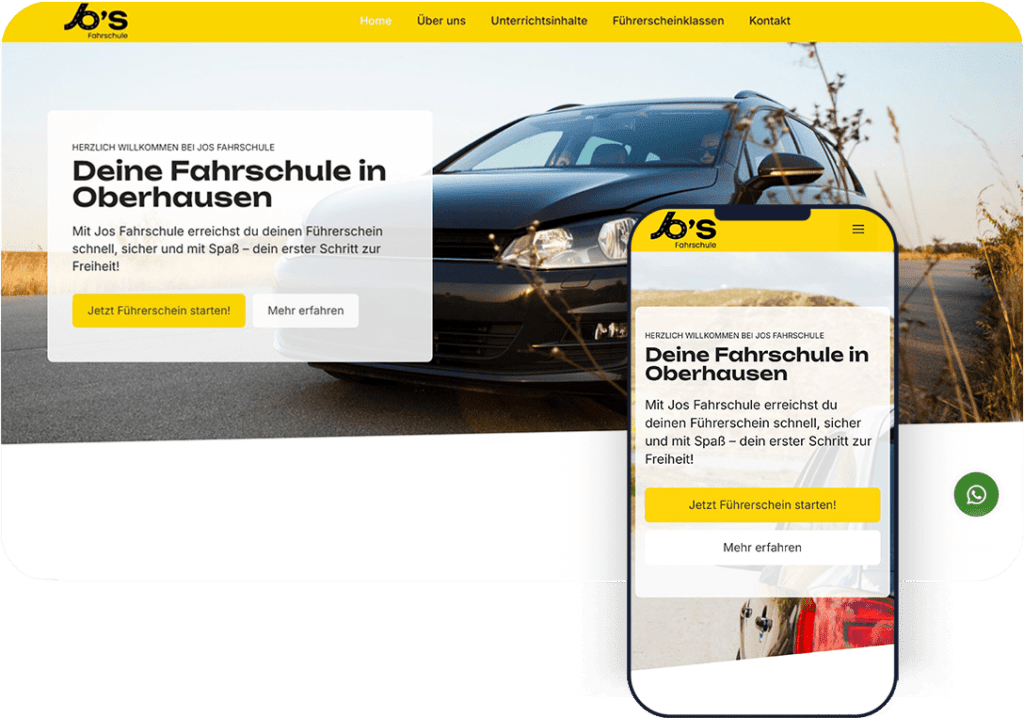 Startseite der Jos Fahrschule mit schwarzem Auto und Call-to-Action-Buttons auf Desktop- und Mobilgerät