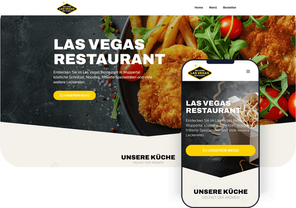 Startseite des Las Vegas Restaurants in Wuppertal, zeigt Schnitzel mit Pommes, Noodles und frischen Zutaten in Desktop- und Mobilversion