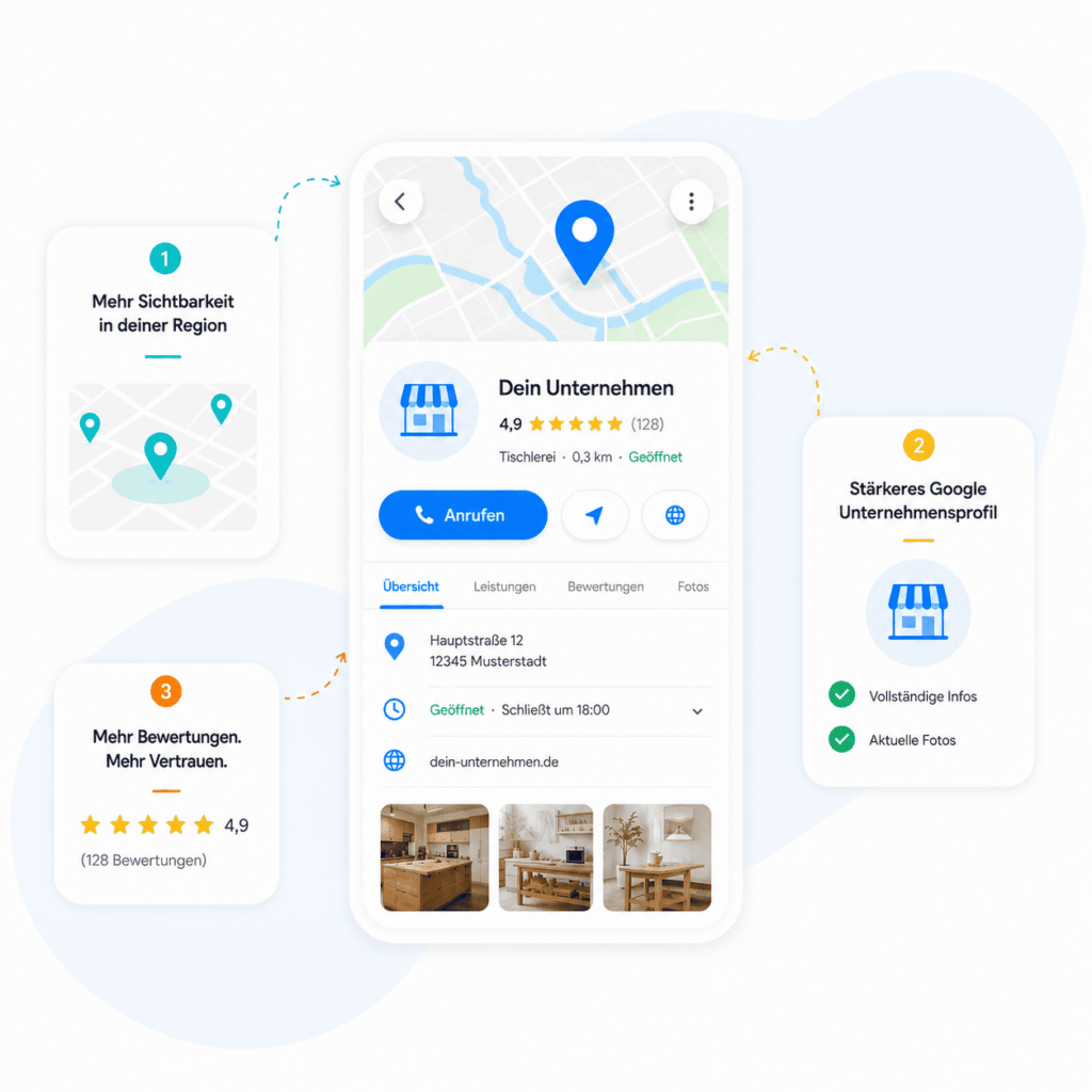 KAREON Lokales Fundament zeigt ein optimiertes Google Unternehmensprofil mit mehr lokaler Sichtbarkeit, stärkeren Unternehmensdaten und mehr Bewertungen für regionale Unternehmen.