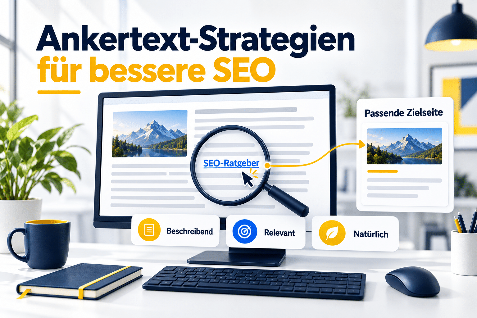 Lupe über dem Linktext „SEO-Ratgeber“, der mit einer passenden Zielseite verbunden ist.