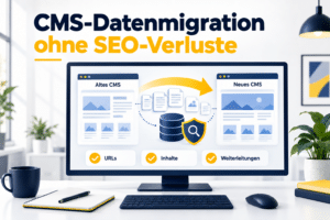 Datenübertragung zwischen altem und neuem CMS mit Prüffeldern für URLs, Inhalte und Weiterleitungen.