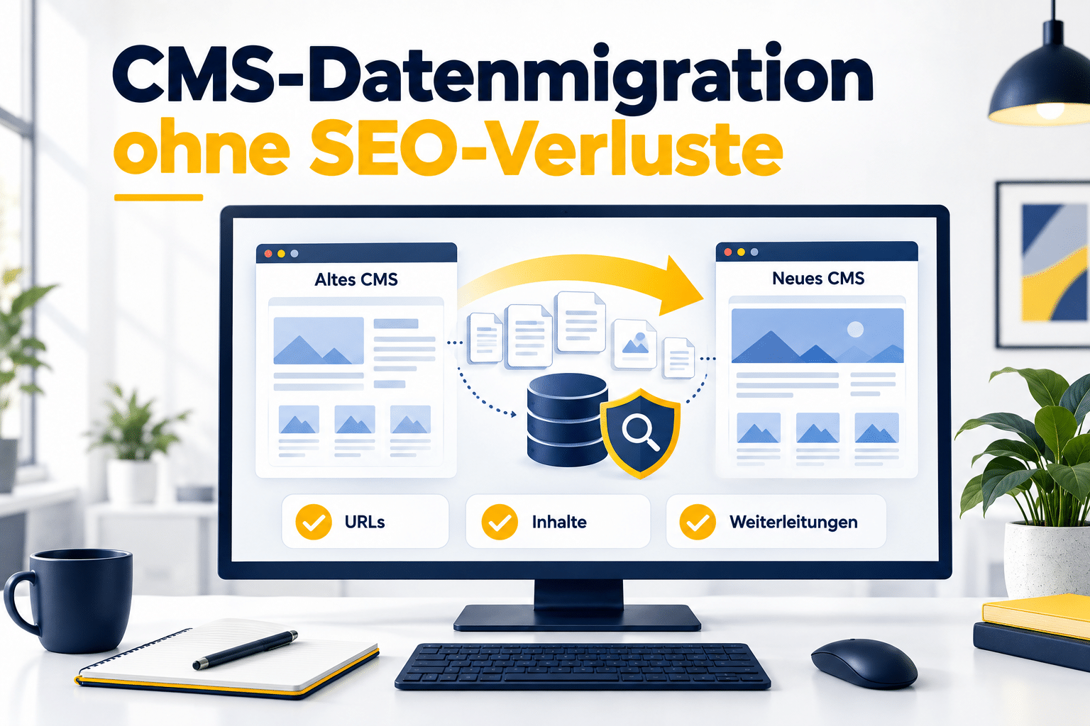 Datenübertragung zwischen altem und neuem CMS mit Prüffeldern für URLs, Inhalte und Weiterleitungen.
