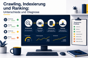SEO-Prozess von URL-Entdeckung über Crawling und Indexierung bis zum Ranking auf einem Monitor