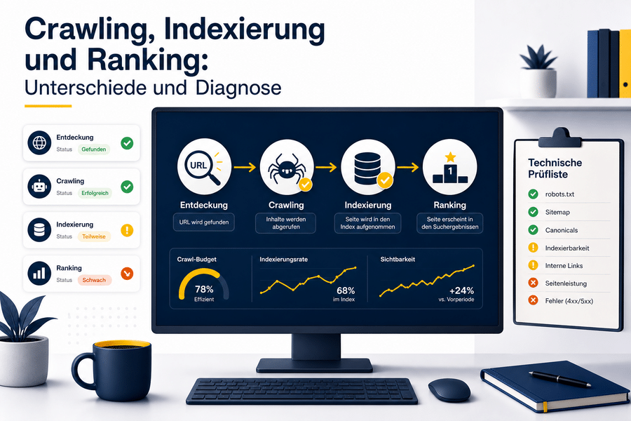SEO-Prozess von URL-Entdeckung über Crawling und Indexierung bis zum Ranking auf einem Monitor