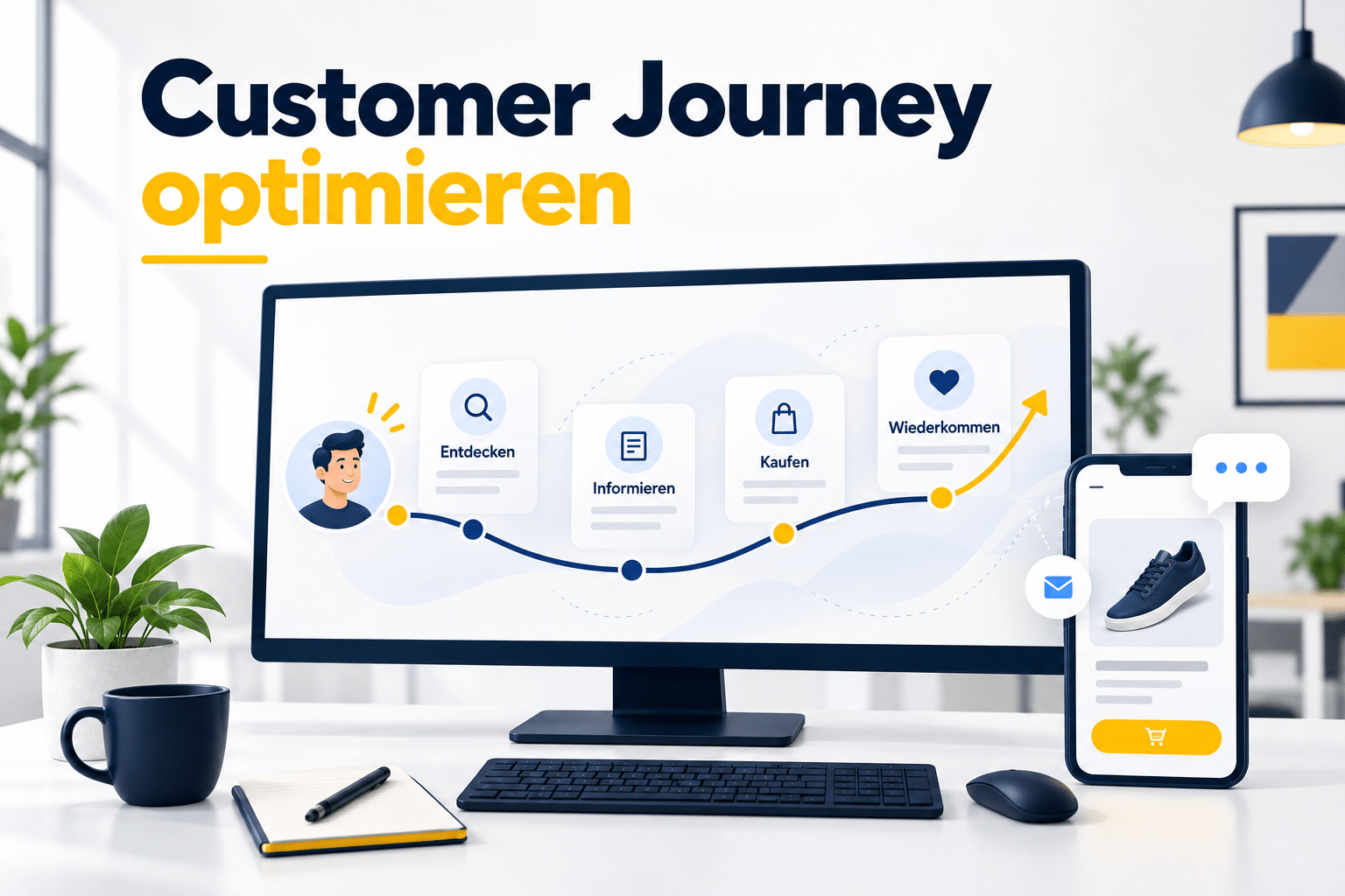 Kundenpfad mit den Stationen Entdecken, Informieren, Kaufen und Wiederkommen neben einer mobilen Produktansicht.
