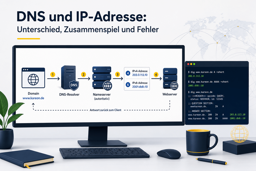 Ablauf von Domain über DNS und IP-Adresse bis zum Webserver
