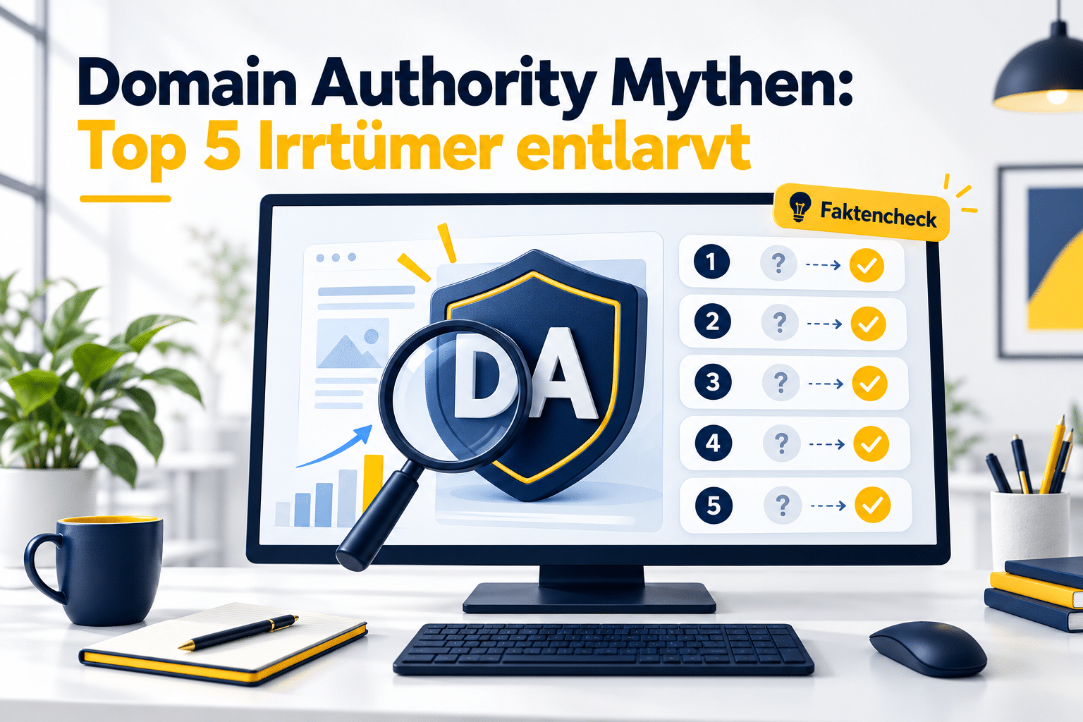 Lupe vor einem Schild mit der Aufschrift „DA“ neben fünf nummerierten Prüfkarten und dem Hinweis „Faktencheck“.