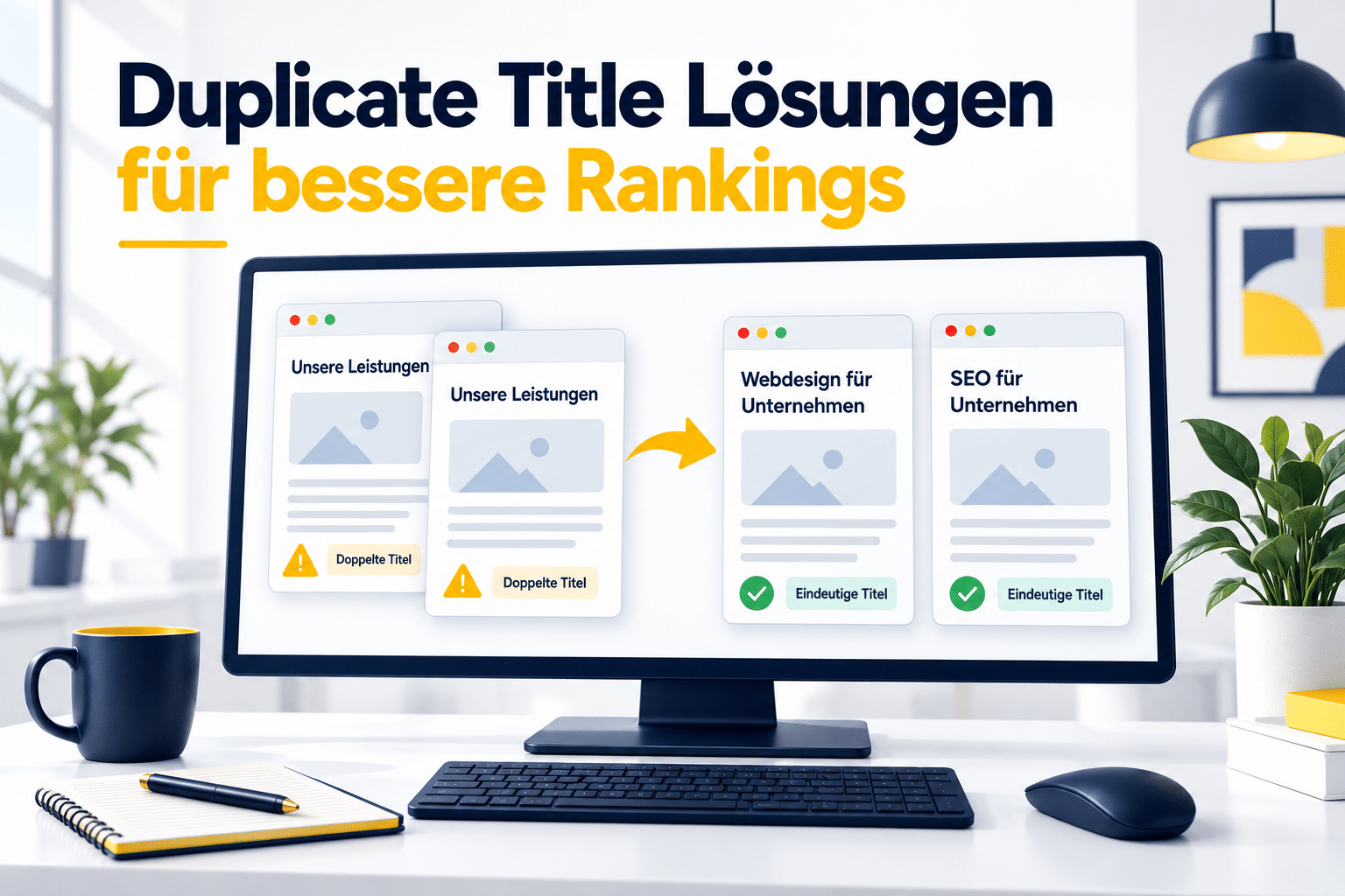 Doppelte Seitentitel „Unsere Leistungen“ werden durch unterschiedliche Titel für Webdesign und SEO ersetzt.