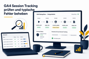 GA4-Debug-Ablauf mit Session-ID, page_view, Consent-Status und Netzwerkrequests