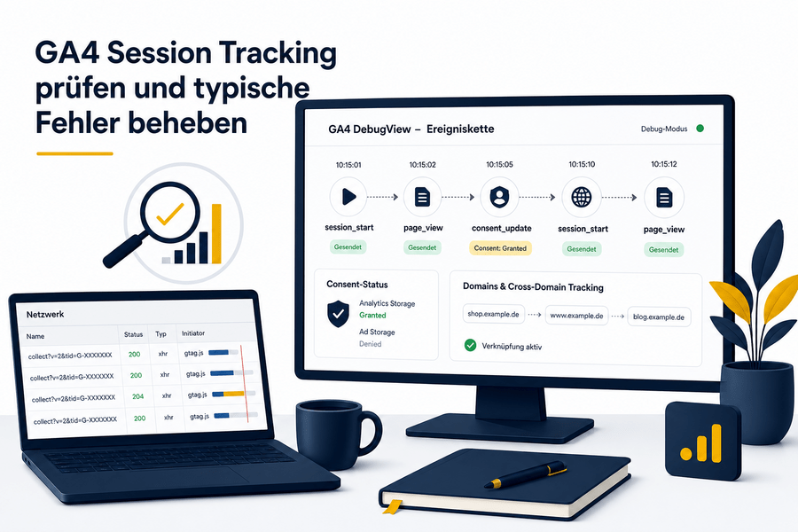 GA4-Debug-Ablauf mit Session-ID, page_view, Consent-Status und Netzwerkrequests