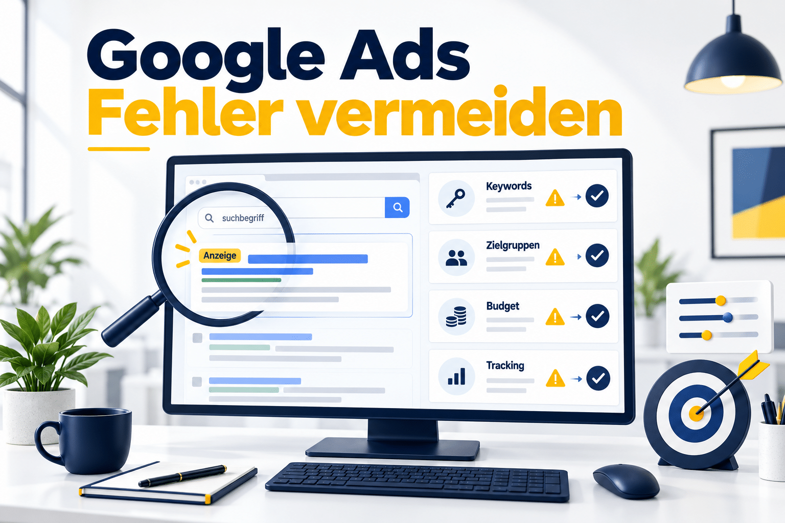 Suchanzeige unter einer Lupe neben Prüfkarten für Keywords, Zielgruppen, Budget und Tracking.