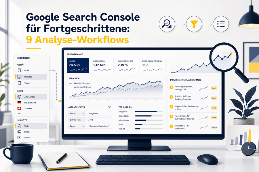 Search-Console-Dashboard mit Regex-Filtern, Vergleichsdaten und priorisierten SEO-Maßnahmen