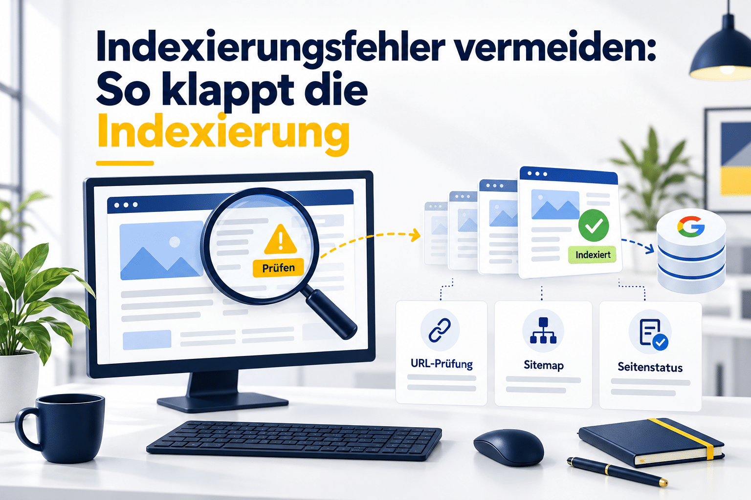Website-Prüfung mit Warnsymbol und Lupe neben indexierten Seiten und Karten für URL-Prüfung, Sitemap und Seitenstatus.