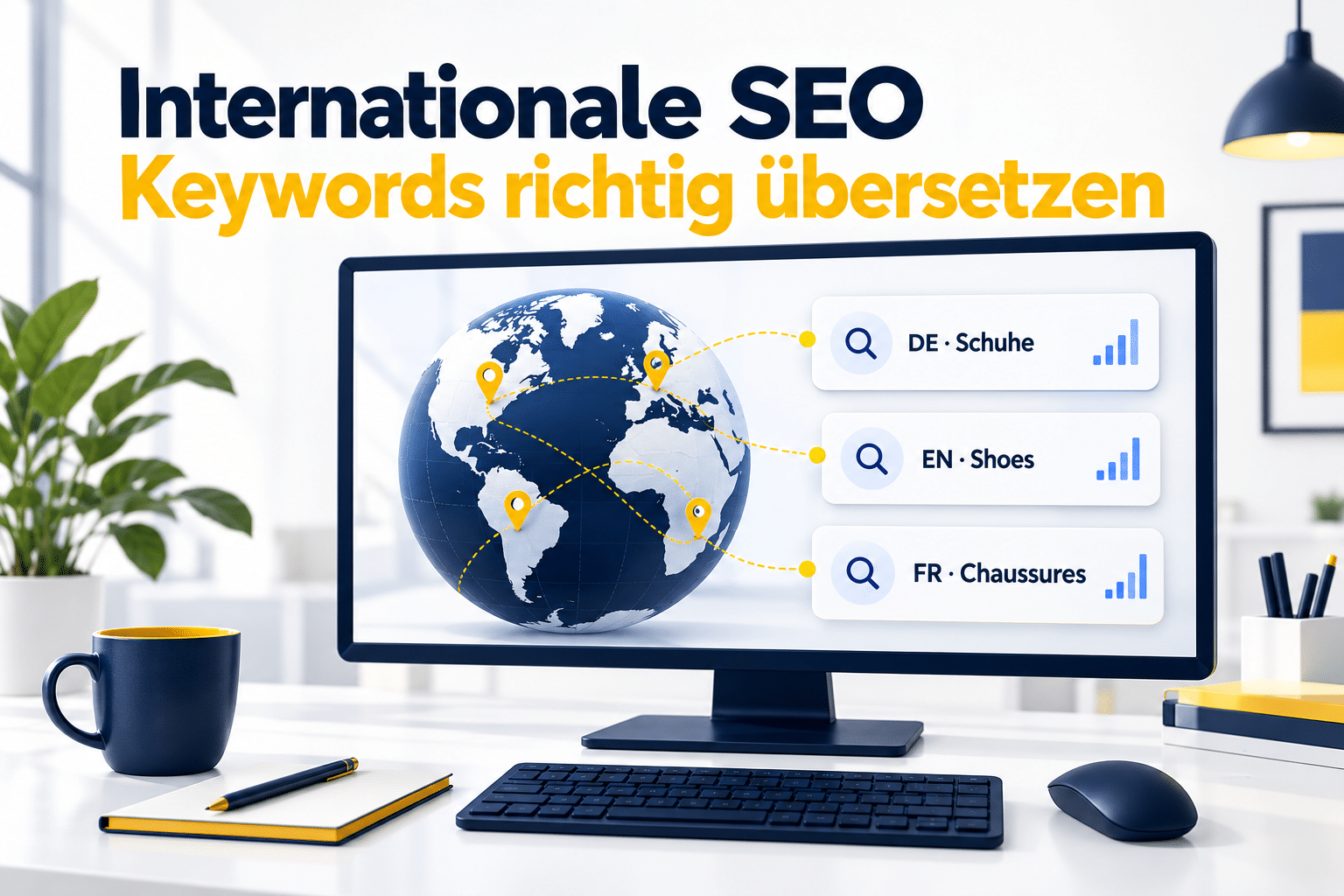 Monitor mit Weltkugel und Keyword-Karten für „Schuhe“ auf Deutsch, Englisch und Französisch.