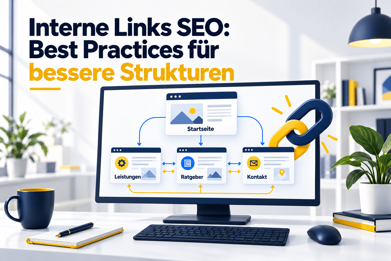 Monitor mit verknüpften Seitenkarten für Startseite, Leistungen, Ratgeber und Kontakt sowie einem Kettensymbol.