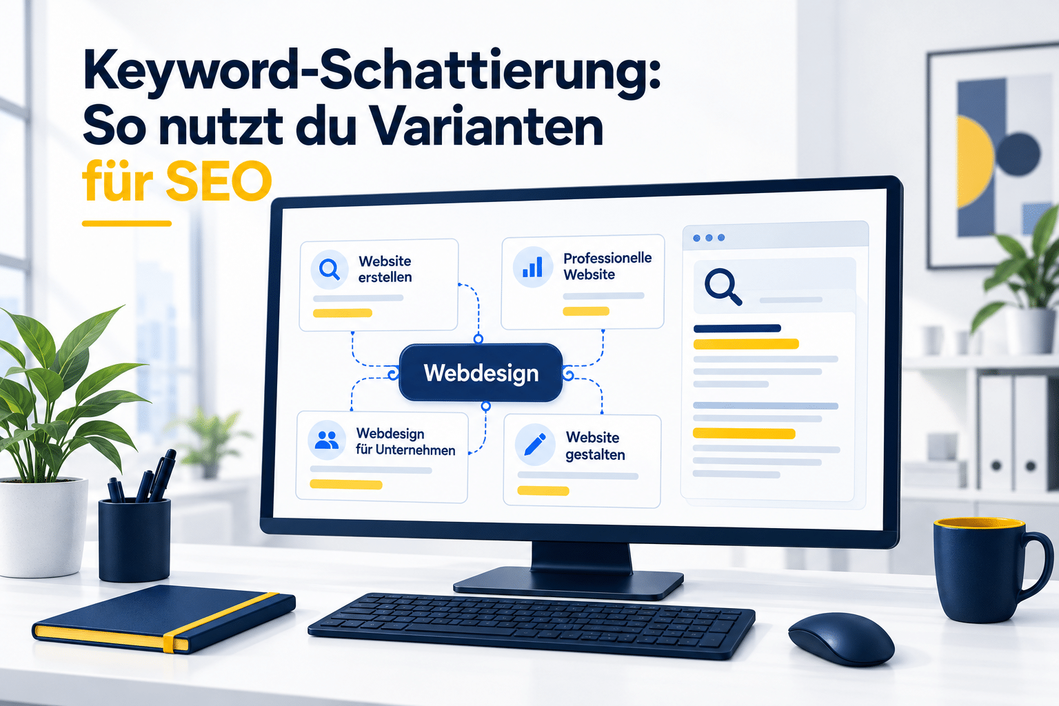 Monitor mit dem Keyword „Webdesign“ und verwandten Suchbegriffen wie „Website erstellen“ und „Professionelle Website“.