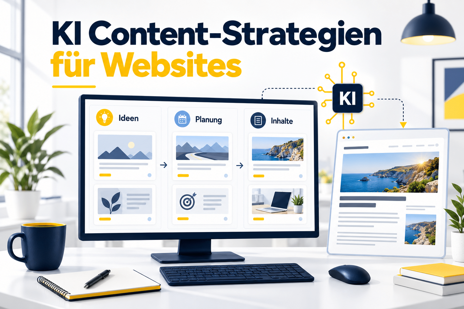 Monitor mit Content-Planung für Ideen, Planung und Inhalte, verbunden mit einem KI-Symbol und einer Website-Vorschau.
