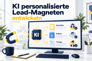 KI-Symbol mit Verbindungen zu Checkliste, E-Book und Vorlage für unterschiedliche Nutzerprofile, daneben Magnet und Briefumschläge.