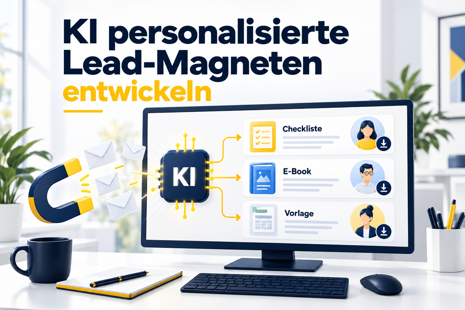 KI-Symbol mit Verbindungen zu Checkliste, E-Book und Vorlage für unterschiedliche Nutzerprofile, daneben Magnet und Briefumschläge.