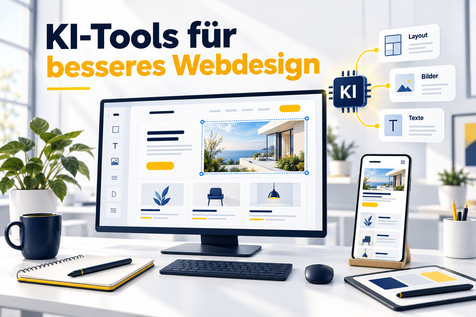 Website-Editor auf einem Monitor, mobile Vorschau auf einem Smartphone und KI-Werkzeuge für Layout, Bilder und Texte.