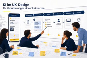 UX-Team plant eine KI-gestützte Schadenmeldung mit Prüfpunkten und menschlicher Übergabe