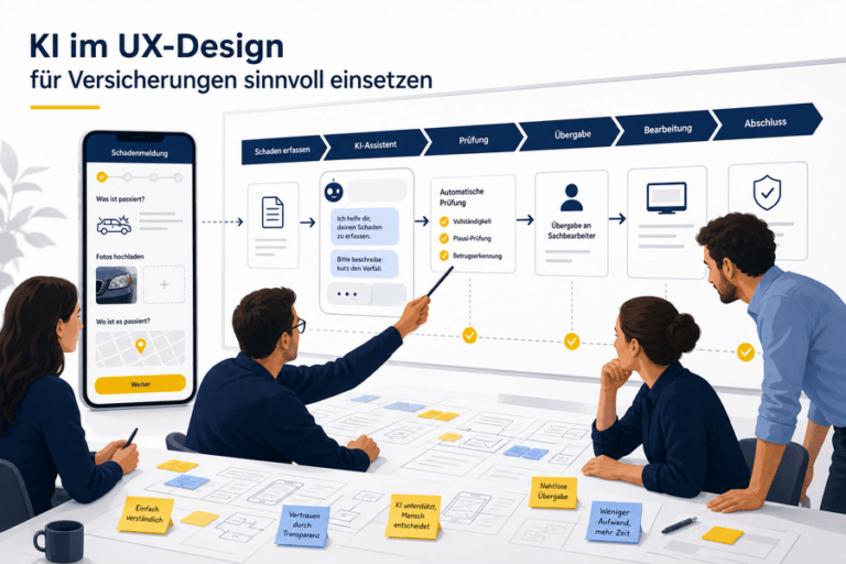 UX-Team plant eine KI-gestützte Schadenmeldung mit Prüfpunkten und menschlicher Übergabe