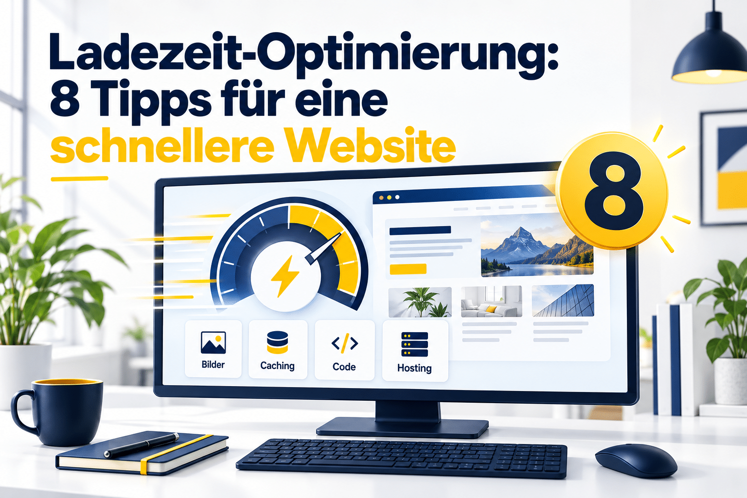 Monitor mit Geschwindigkeitsanzeige, Blitzsymbol und Karten für Bilder, Caching, Code und Hosting neben einer großen Acht.