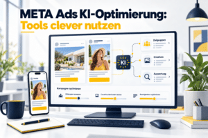 Anzeigenvorschauen auf Monitor und Smartphone mit KI-Symbol und Einstellungen für Zielgruppen, Creatives und Auswertung.