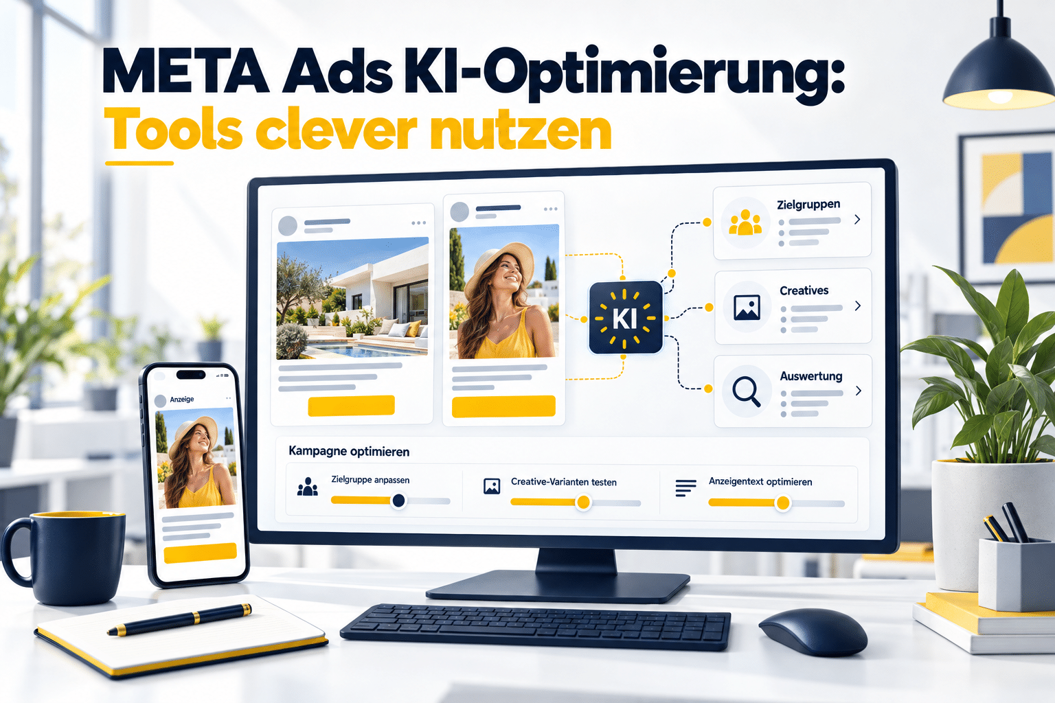 Anzeigenvorschauen auf Monitor und Smartphone mit KI-Symbol und Einstellungen für Zielgruppen, Creatives und Auswertung.