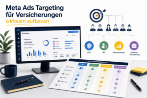 Meta-Ads-Dashboard neben einer Zielgruppenmatrix für verschiedene Versicherungsprodukte