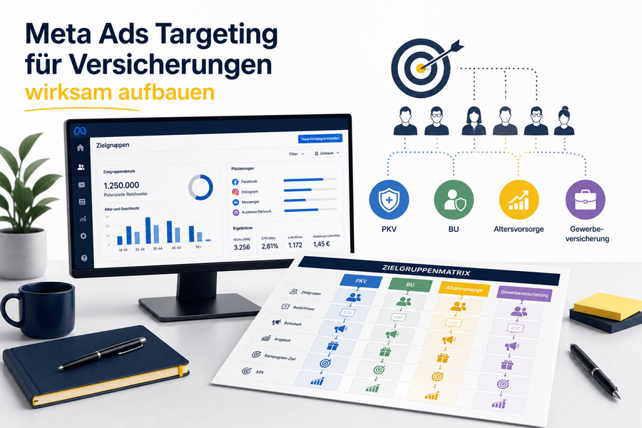 Meta-Ads-Dashboard neben einer Zielgruppenmatrix für verschiedene Versicherungsprodukte