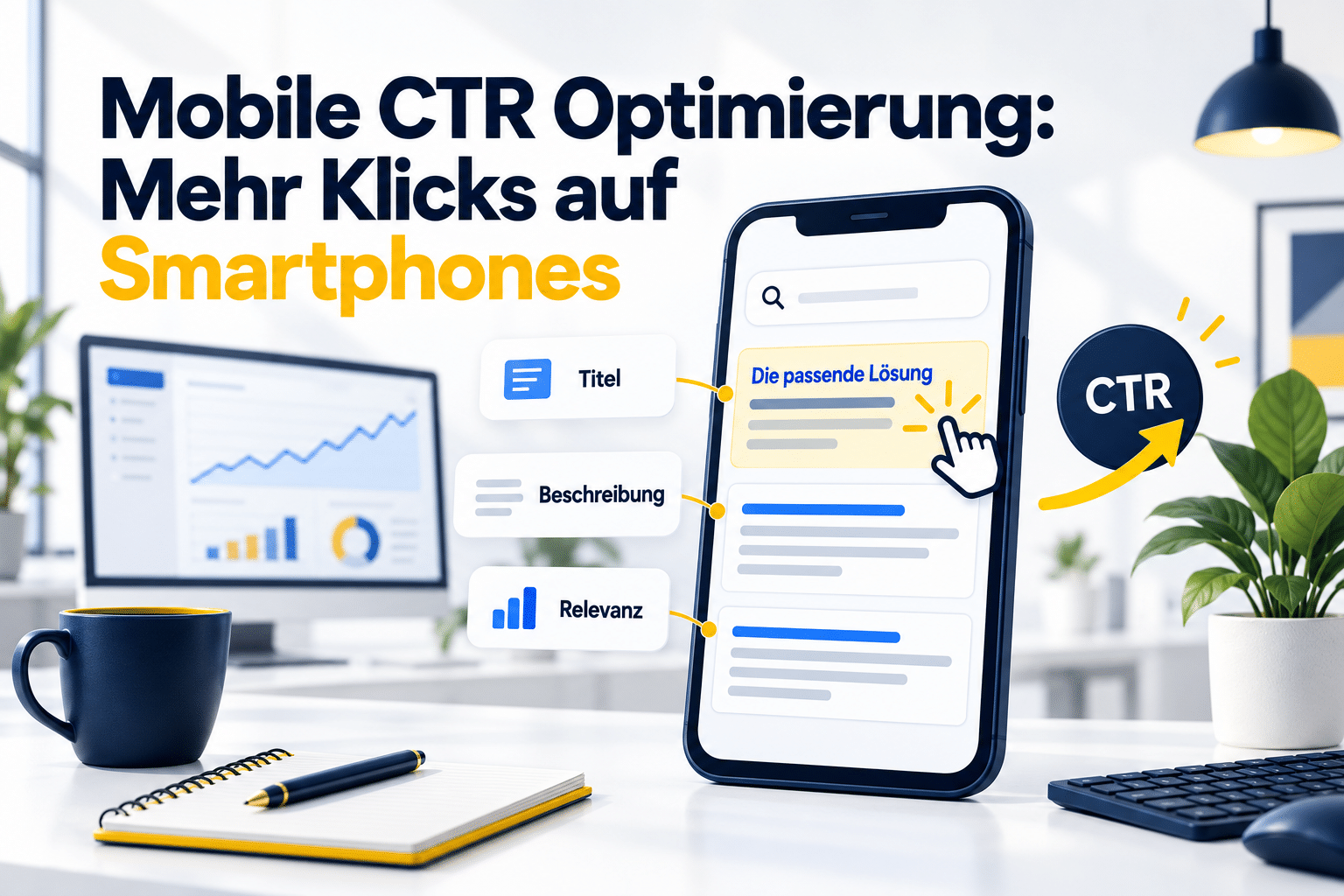 Smartphone mit hervorgehobenem Suchergebnis, Tippsymbol und Karten für Titel, Beschreibung und Relevanz.