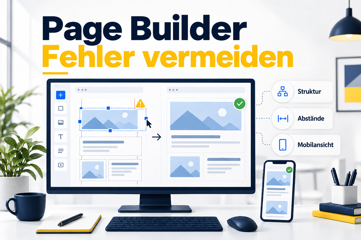 Website-Editor mit fehlerhaftem und korrigiertem Layout sowie Prüfkarten für Struktur, Abstände und Mobilansicht.