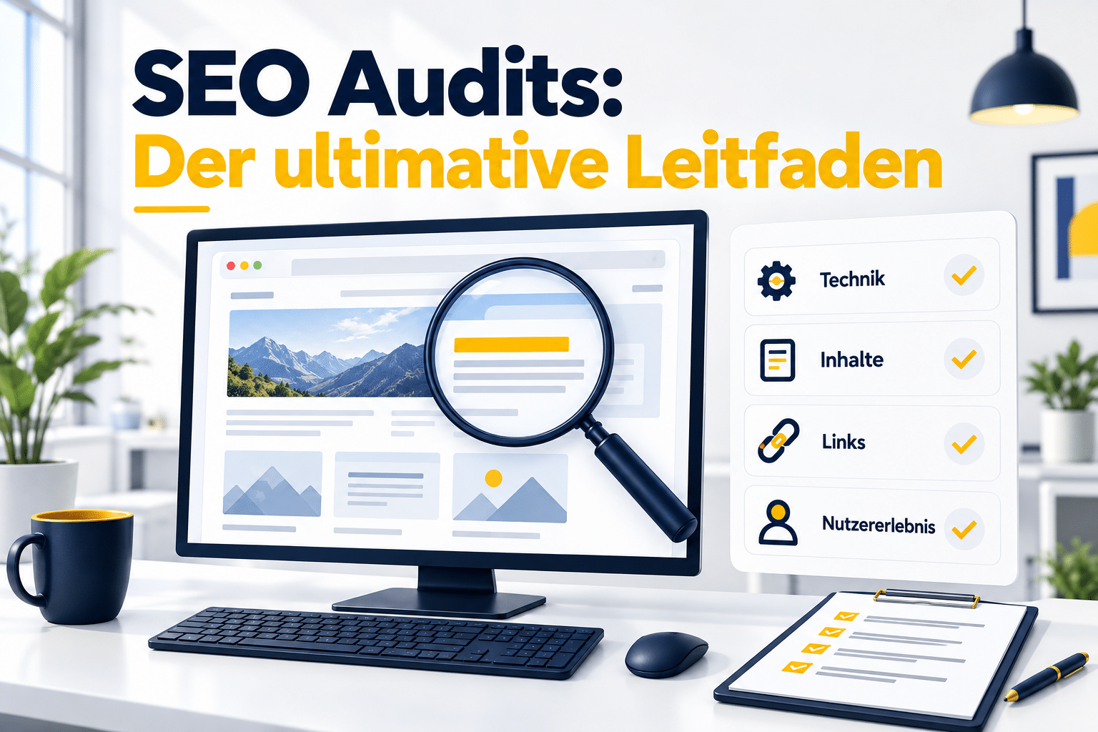 Lupe über einer Website auf einem Monitor neben einer Prüfliste für Technik, Inhalte, Links und Nutzererlebnis.
