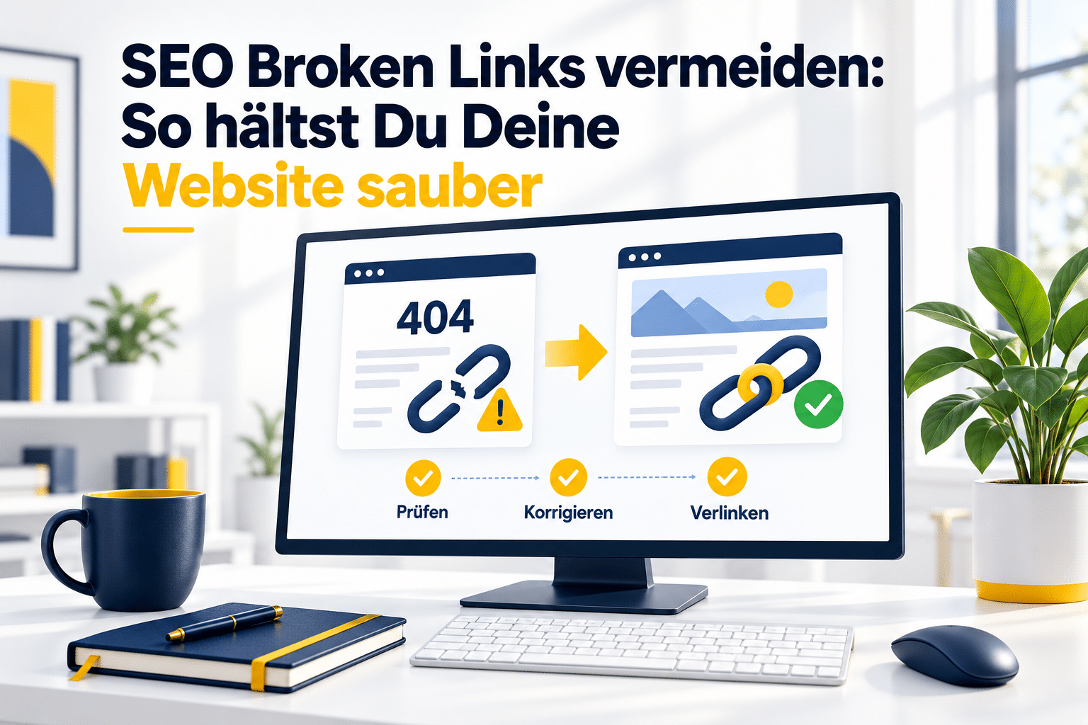 Monitor mit einer 404-Fehlerseite und gebrochenem Kettenglied neben einer intakten Webseite mit reparierter Verknüpfung.