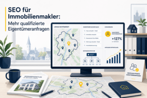 SEO-Dashboard eines Maklerbüros mit lokaler Karte, Eigentümer-Keywords und Conversion-Daten