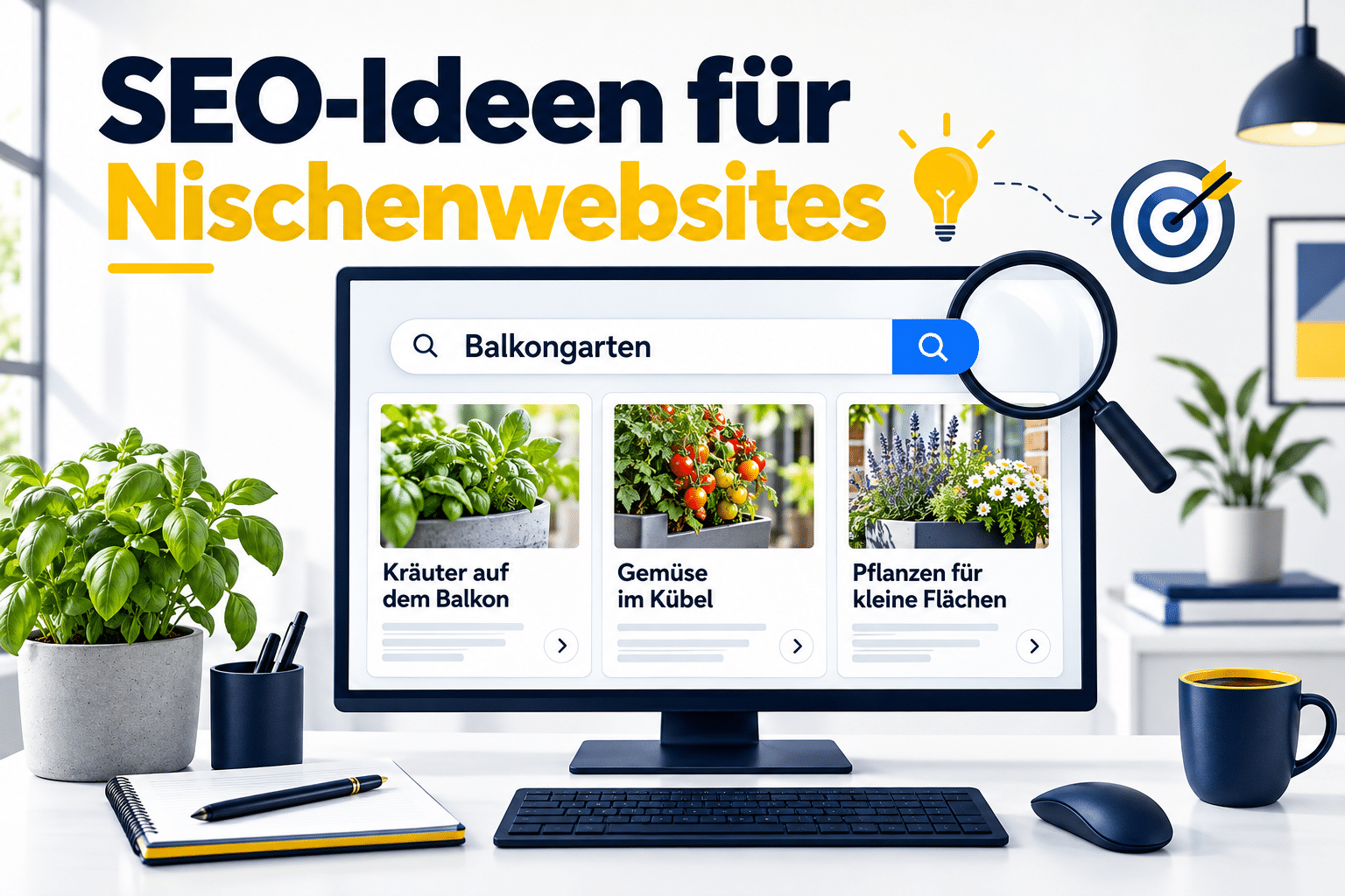 Themenrecherche zu „Balkongarten“ mit Inhaltskarten für Kräuter, Gemüse im Kübel und Pflanzen für kleine Flächen.