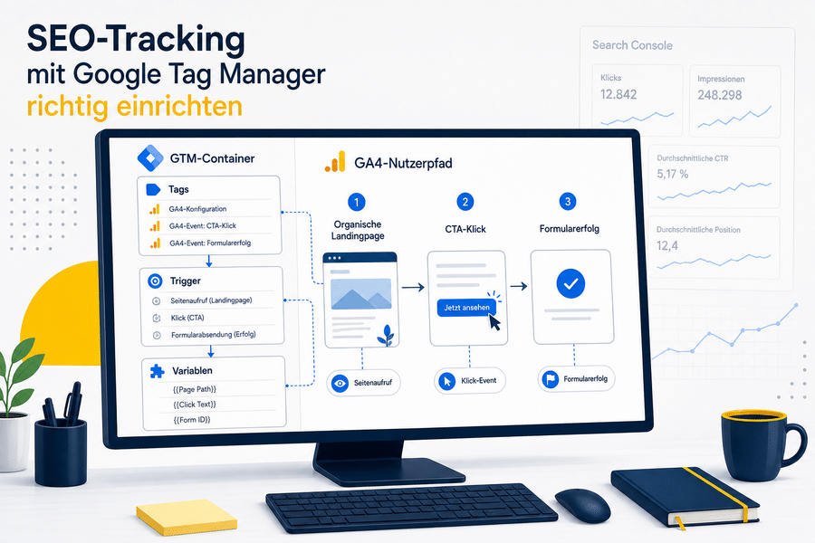 SEO-Nutzerweg von der organischen Landingpage über GTM-Events bis zur Conversion in GA4