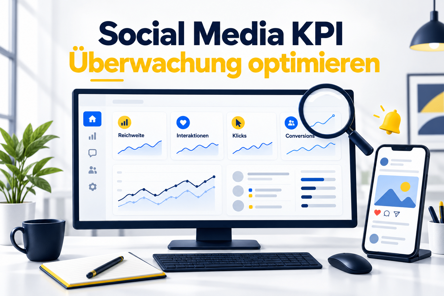 Social-Media-Dashboard mit Reichweite, Interaktionen, Klicks und Conversions neben einer Smartphone-Beitragsvorschau.