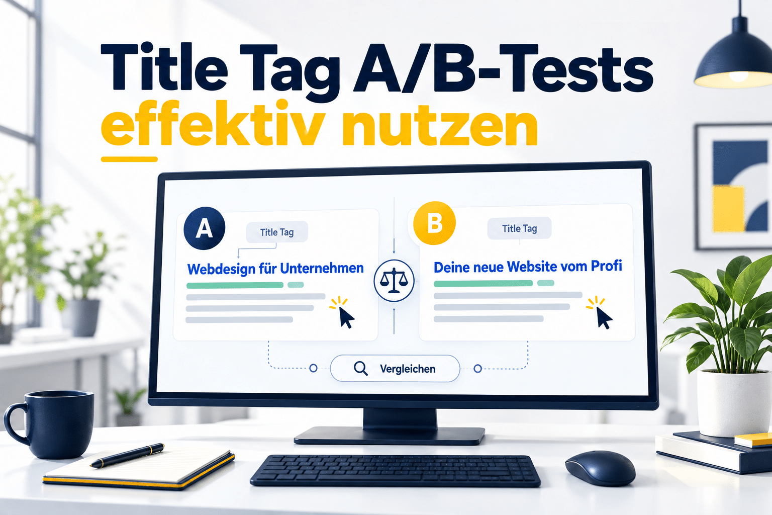 Zwei Suchergebnis-Vorschauen mit unterschiedlichen Title Tags, gekennzeichnet als Variante A und B.