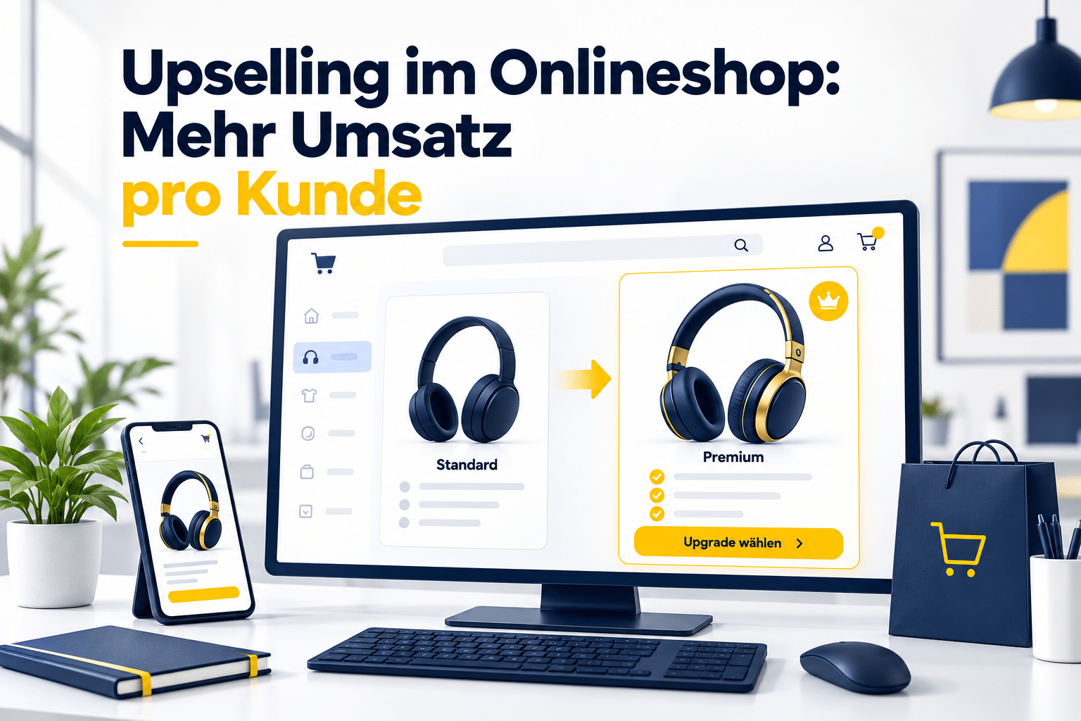 Onlineshop mit Standard- und Premium-Kopfhörern, Upgrade-Pfeil und hervorgehobenem Button „Upgrade wählen“.