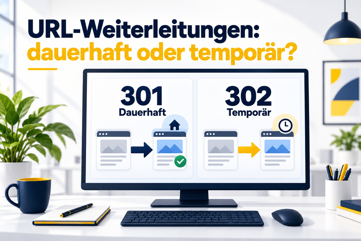 Monitor mit zwei Weiterleitungskarten: 301 für dauerhaft mit Haussymbol und 302 für temporär mit Uhrsymbol.